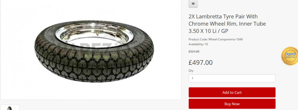 2X Lambretta Tyre Pair With Chrome Wheel Rim, Inner Tube 3.50 X 10 Li / GP