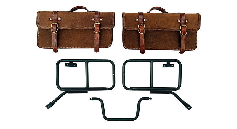 Royal Enfield Himalayan Pannier Rails and Leather Bags Pair Brown Tan