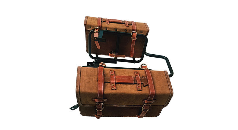 Royal Enfield Himalayan Pannier Rails and Leather Bags Pair Brown Tan