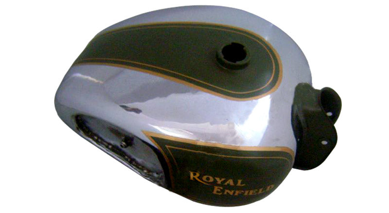 Royal Enfield Big Fuel Tank in Chrome and Battle Green Color With Knee Pads