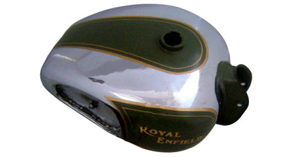 Royal Enfield Big Fuel Tank in Chrome and Battle Green Color With Knee Pads