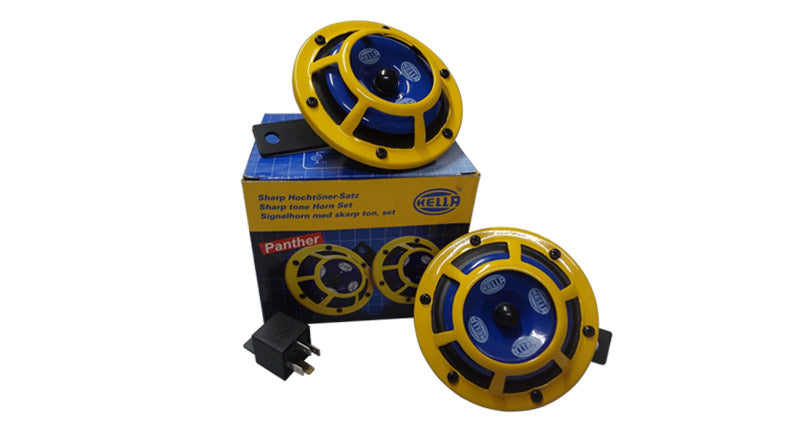Hella 12V Yellow Grill Panther Dual Sharp Tone Horn Set 415/385HZ