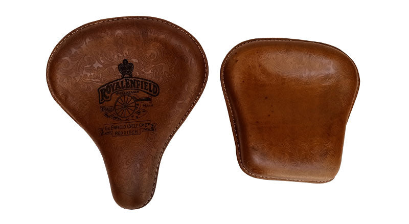 Royal Enfield Classic 350cc 500cc Engraved Leather Front and Rear Seat Brown