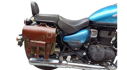 Royal Enfield Meteor 350cc Leather Canvas Bag Olive Color and Mounting Fitting