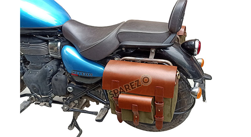 Royal Enfield Meteor 350cc Leather Canvas Bag Olive Color and Mounting Fitting