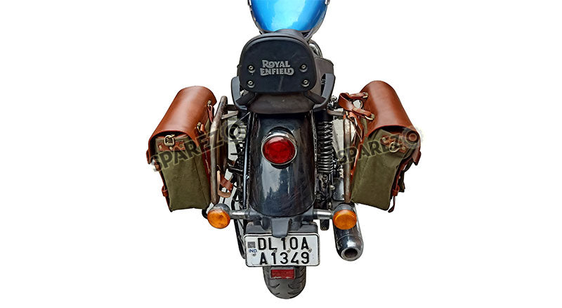 Royal Enfield Meteor 350cc Leather Canvas Bag Olive Color and Mounting Fitting