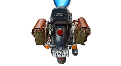 Royal Enfield Meteor 350cc Leather Canvas Bag Olive Color and Mounting Fitting