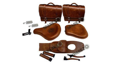 Royal Enfield Classic 500cc 350cc Front and Rear Leather Seat with Bags Belt Grip Lever