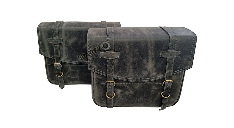 Royal Enfield Classic Reborn 350 Grey Black Leather Bags with Mounting Pair