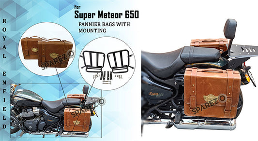 Royal Enfield Super Meteor 650 Tan Brown Leather Pannier Bags With Mounting Pair