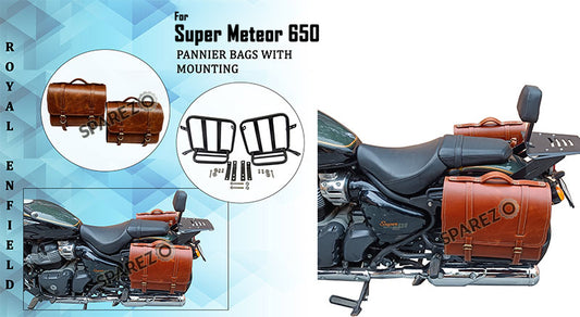 Royal Enfield Super Meteor 650 Brown Tan Leather Bags With Pannier Mounting