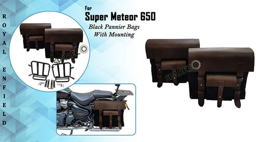 Royal Enfield Super Meteor 650 Black Canvas Leather Pannier Bags and Mounting