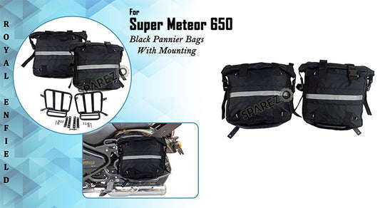 Royal Enfield Super Meteor 650 Black Canvas Pannier Bags With Mounting