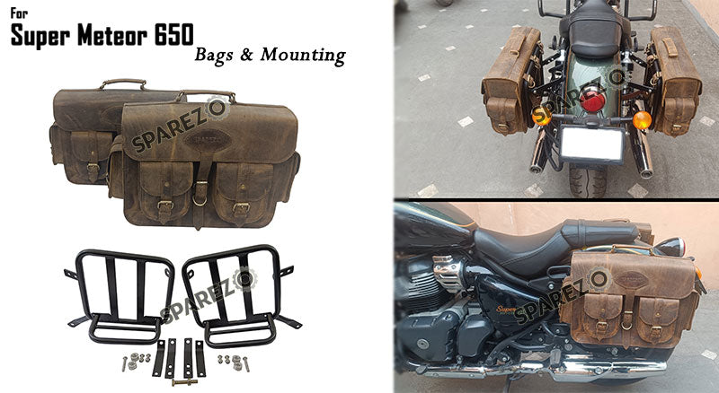 For Royal Enfield Super Meteor 650 Rusty Brown Pannier Bags Pair With Mountings