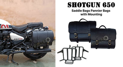 Fit For Royal Enfield Shotgun 650 Black Leather Pannier Bags with Mounting Pair