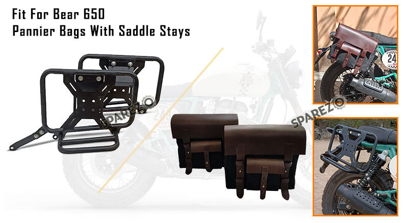 For Royal Enfield Bear 650 Canvas and Leather Pannier Bags With Saddle Stays Black