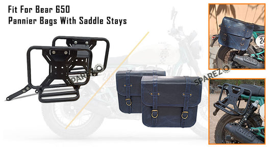 For Royal Enfield Bear 650 Canvas and Leather Pannier Bags Navy Blue With Saddle Stays