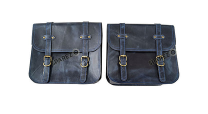 For Royal Enfield Bear 650 Canvas and Leather Pannier Bags Navy Blue With Saddle Stays