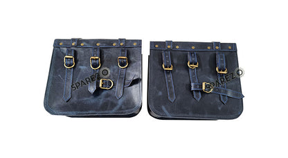 For Royal Enfield Bear 650 Canvas and Leather Pannier Bags Navy Blue With Saddle Stays