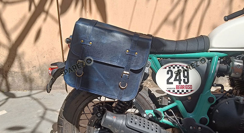 For Royal Enfield Bear 650 Canvas and Leather Pannier Bags Navy Blue With Saddle Stays