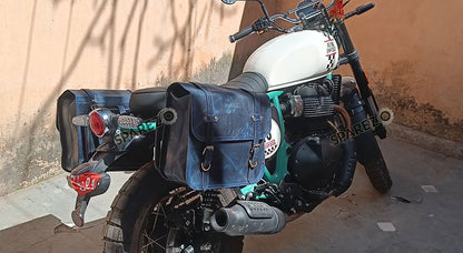 For Royal Enfield Bear 650 Canvas and Leather Pannier Bags Navy Blue With Saddle Stays