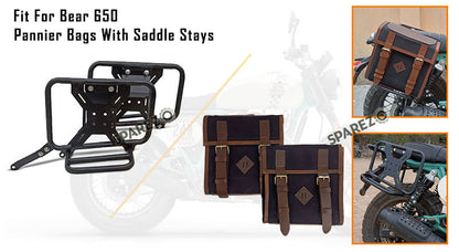 For Royal Enfield Bear 650 Canvas and Leather Pannier Bags Black With Saddle Stays