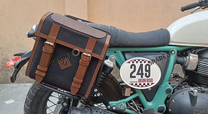 For Royal Enfield Bear 650 Canvas and Leather Pannier Bags Black With Saddle Stays