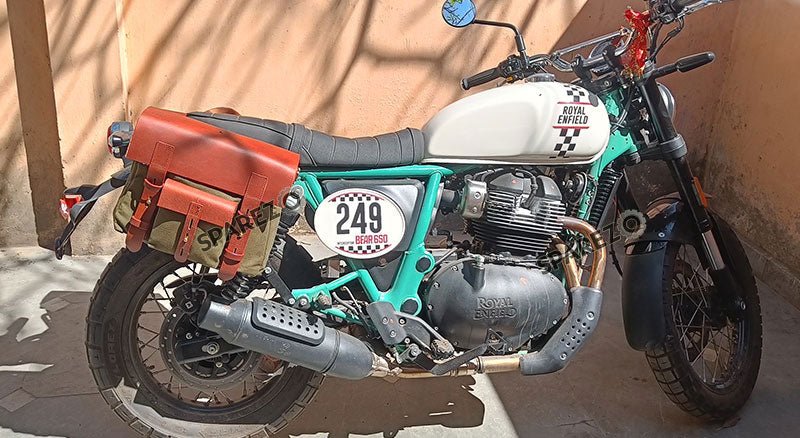 For Royal Enfield Bear 650 Canvas and Leather Pannier Bags Olive With Saddle Stays