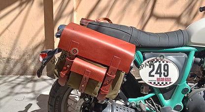 For Royal Enfield Bear 650 Canvas and Leather Pannier Bags Olive With Saddle Stays