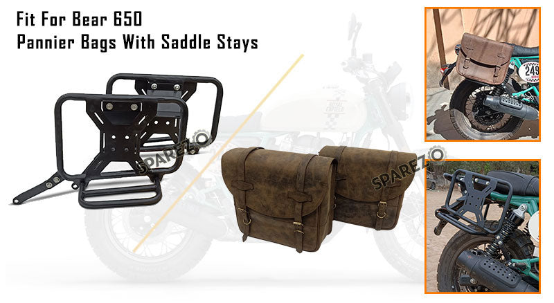 For Royal Enfield Bear 650 Canvas and Leather Pannier Bags Dust Color With Saddle Stays