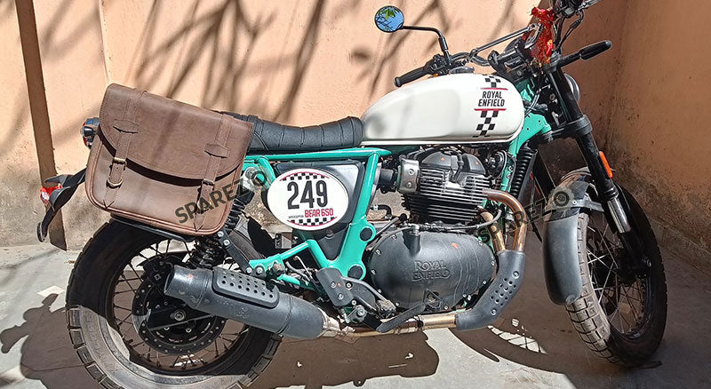 For Royal Enfield Bear 650 Canvas and Leather Pannier Bags Dust Color With Saddle Stays