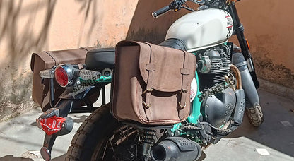 For Royal Enfield Bear 650 Canvas and Leather Pannier Bags Dust Color With Saddle Stays