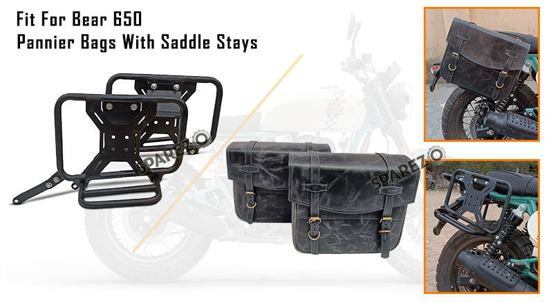 For Royal Enfield Bear 650 Genuine Leather Pannier Bags Black With Saddle Stays