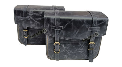 For Royal Enfield Bear 650 Genuine Leather Pannier Bags Black With Saddle Stays