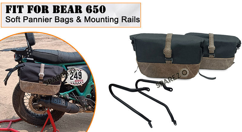For Royal Enfield Bear 650 Soft Pannier Bags and Mounting Rails Cream Brown