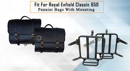 For Royal Enfield Classic 650 Genuine Leather Pannier Saddle Bags and Mounting