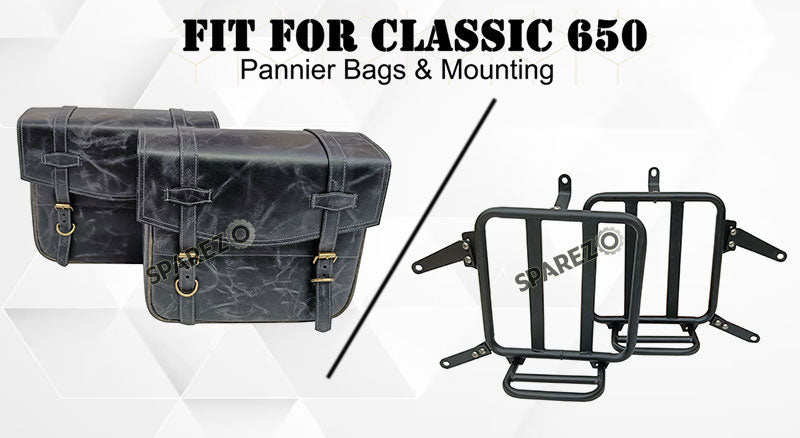 For Royal Enfield Classic 650 Genuine Leather Pannier Bags Black Grey With Mounting