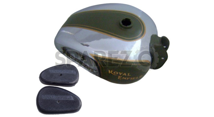 Royal Enfield Big Fuel Tank in Chrome and Battle Green Color With Knee Pads - SPAREZO