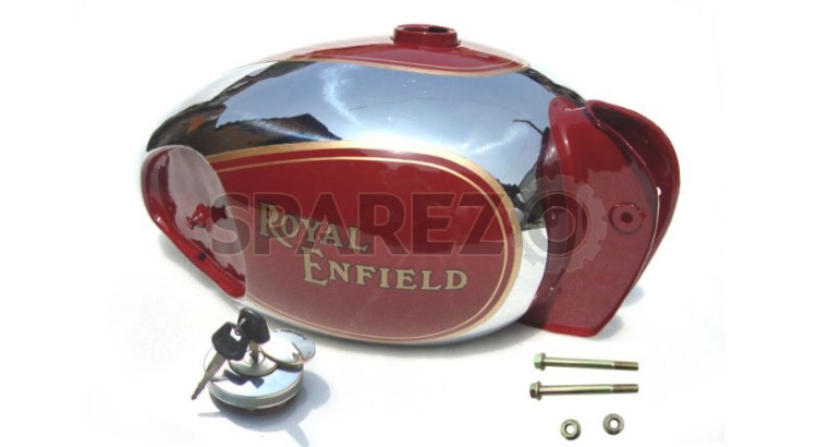 Royal Enfield Customized Red and Chrome Tank With Kneepad - SPAREZO