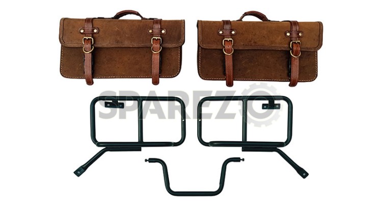 Royal Enfield Himalayan Pannier Rails and Leather Bags Pair Brown Tan - SPAREZO