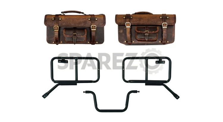 Royal Enfield Himalayan Pannier Rails and Leather Bags Pair Brown - SPAREZO