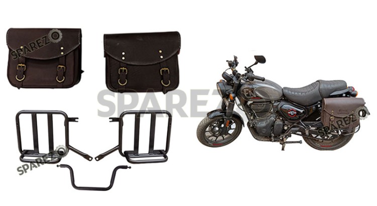 Royal Enfield Hunter 350 Leather Saddle Bags Rusty Brown With Mounting Pair - SPAREZO