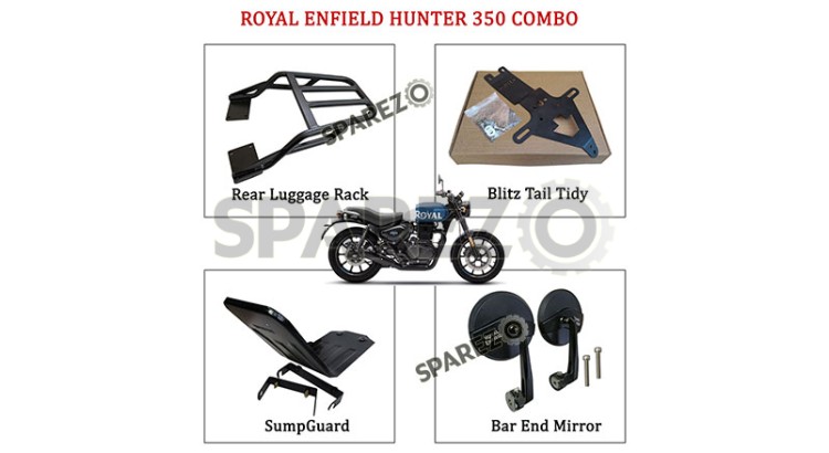 Royal Enfield Hunter 350 Luggage Rack Tail Tidy Sumpguard and Bar End Mirrors - SPAREZO