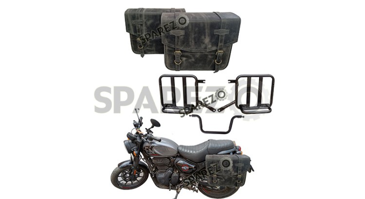 Royal Enfield Hunter 350 Grey Black Leather Bags with Mounting Pair - SPAREZO