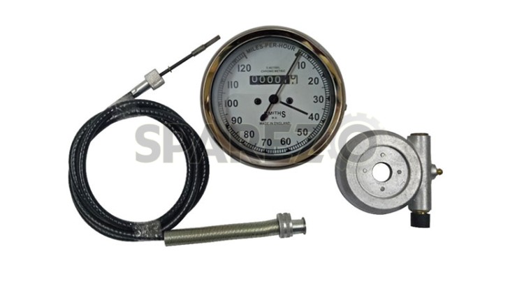 Replica Smiths Speedometer White 120 MPH + 54" Cable + Alloy Hub Drive - SPAREZO