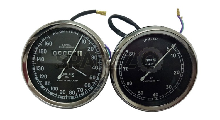 Smith Replica Speedo 0-160 KMPH + Tacho RPM Meter Pair For BSA, Vincent, Ariel - SPAREZO