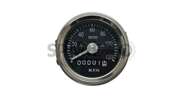 Smiths Replica Speedo Meter 0-120 MPH 2.5" Black For BSA, Vincent, Ariel - SPAREZO