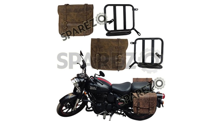 Royal Enfield New Classic Reborn 350 Leather Bags Dust Color With Mounting Pair - SPAREZO