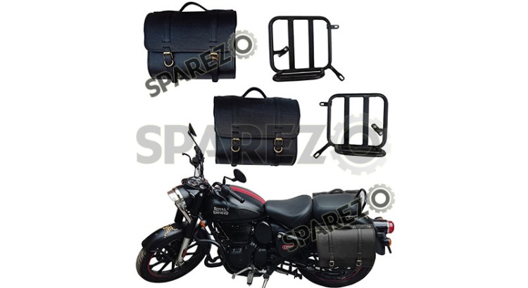 Royal Enfield New Classic Reborn 350 Leather Saddle Black Bags and Mounting Pair - SPAREZO