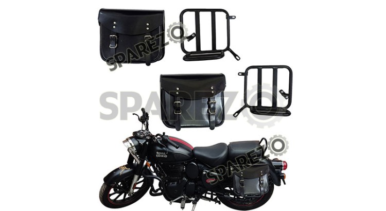 Royal Enfield New Classic Reborn 350 Leather Glossy Black Bags and Mounting Pair - SPAREZO